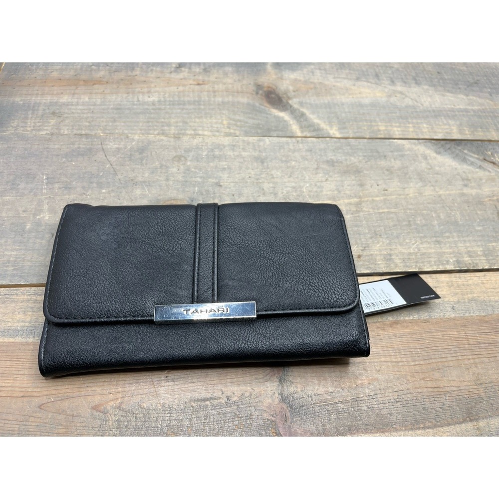 Tahari Wallet RFID Black Trifold Clutch Buff New